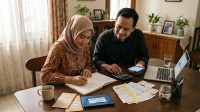 Foto realistis bergaya editorial lifestyle tentang keluarga Indonesia sedang menyusun anggaran keuangan rumah tangga di meja makan. Tampilkan pasangan dewasa sedang mencatat pemasukan dan pengeluaran pada buku catatan, dengan kalkulator, smartphone, beberapa lembar catatan tagihan, dan amplop tabungan di atas meja. Suasana rumah sederhana, rapi, hangat dan realistis. Tidak menampilkan nominal uang atau data pribadi yang terbaca. Photorealistic Indonesian lifestyle photography, natural lighting, professional editorial photo, realistic people, high detail, horizontal 16:9, clean composition, no text, no watermark, no logo.